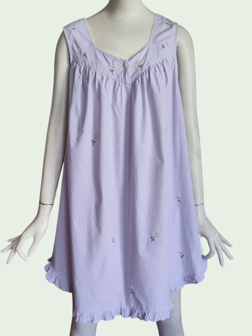 Vtg Amanda Stewart Gingham Check Embroidered Flowers Lounge Dress Nightgown Sz M